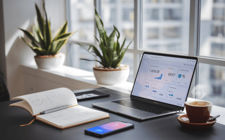 Bureau moderne avec ordinateur portable affichant des stats de marketing digital, outils du rédacteur contenu web comme carnet et smartphone, symboles de stratégie digitale optimisée.