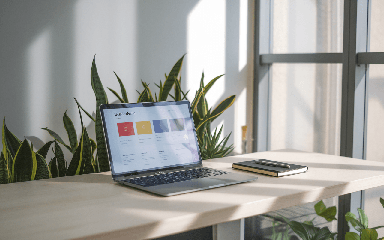 Scène de bureau moderne avec un ordinateur affichant un portfolio en ligne, idéal pour un rédacteur contenu web.