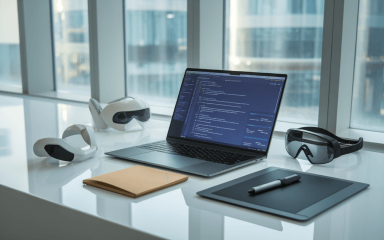 Bureau moderne minimaliste avec ordinateur portable affichant une interface de traitement de texte, entouré d'accessoires high-tech, lunettes de réalité augmentée, tablette graphique et carnet de notes, symbolisant l'évolution du rédacteur contenu web. Paysage urbain visible par une grande fenêtre.