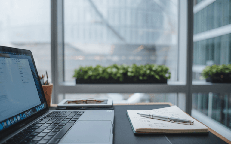 Bureau minimaliste avec laptop ouvert sur page de rédaction, carnet de notes et plante, idéal pour un rédacteur contenu web en freelance.