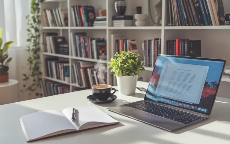 Bureau moderne et éclairé associé au rédacteur de contenus, avec ordinateur en cours de rédaction, carnet, stylo, café fumant, et bibliothèque sur l'écriture et le marketing en arrière-plan.