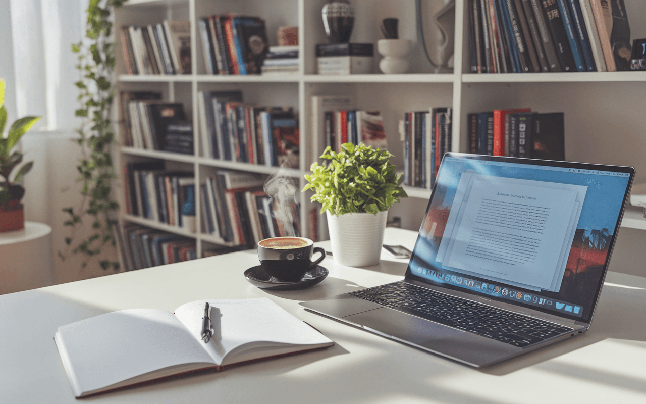 Bureau moderne et éclairé associé au rédacteur de contenus, avec ordinateur en cours de rédaction, carnet, stylo, café fumant, et bibliothèque sur l'écriture et le marketing en arrière-plan.