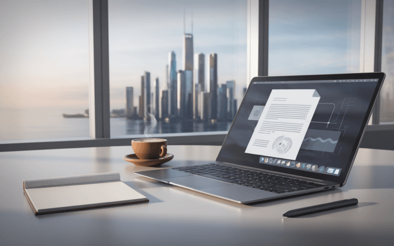 Bureau moderne d'un rédacteur de contenus avec ordinateur, carnet, stylo et café, vue sur ville futuriste, ambiance inspirante.