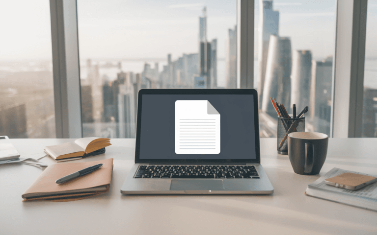 Bureau moderne avec ordinateur ouvert sur document vierge, symbolisant le potentiel illimité du rédacteur de contenus, entouré d'outils d'écriture et vue sur une ville futuriste.