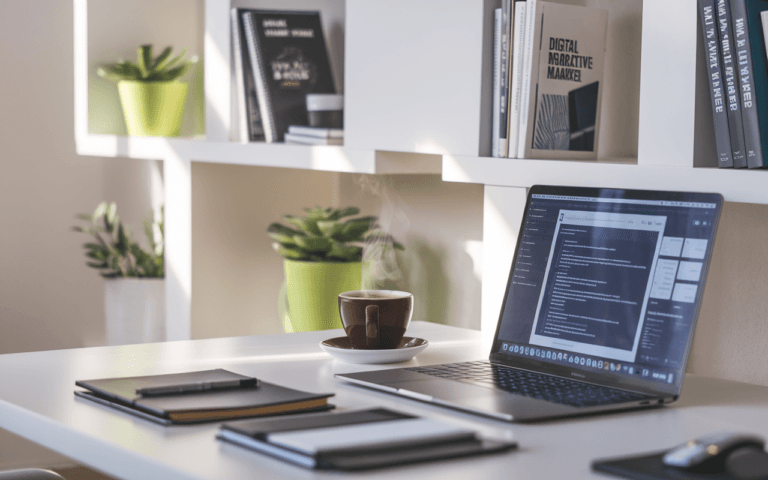 Bureau moderne de rédacteur de contenus avec ordinateur portable, carnets, et café, entouré de décor minimaliste et livres sur écriture et marketing digital.