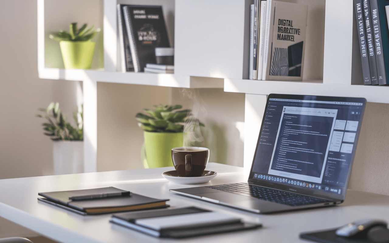 Bureau moderne de rédacteur de contenus avec ordinateur portable, carnets, et café, entouré de décor minimaliste et livres sur écriture et marketing digital.