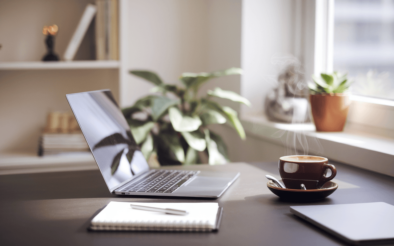 Image of a modern minimalist home office setup with a sleek laptop on a wooden desk, ideal for a rédacteur de contenus, paired with a steaming cup of coffee, notepad, and potted plant, set in cozy natural light.