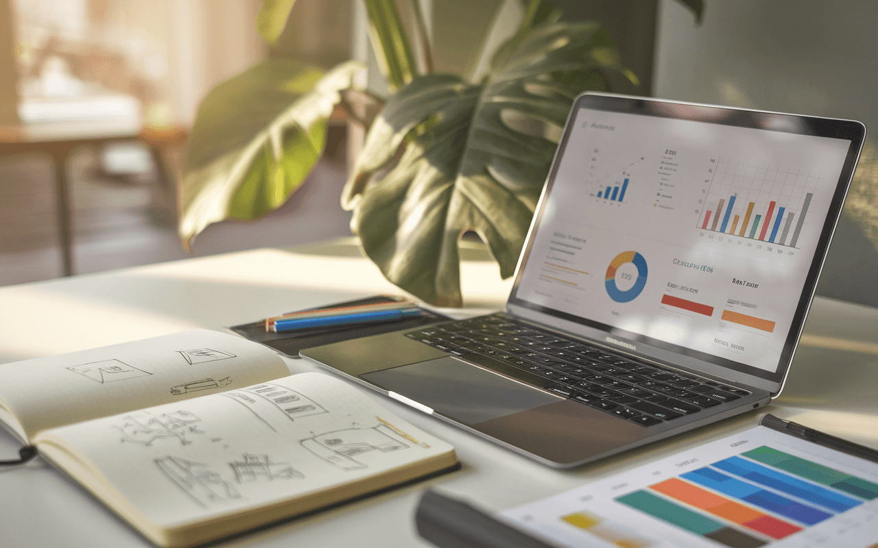 Bureau moderne avec ordinateur affichant des graphiques SEO, carnet rempli de croquis, stylos colorés, plante verte en arrière-plan pour un environnement chaleureux, idéal pour la rédaction de contenu.