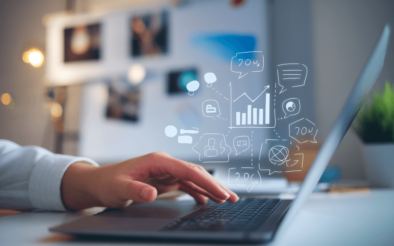 Main tapant sur un clavier avec arrière-plan flou d'éléments créatifs, symbolisant la rédaction de contenu et son impact stratégique sur la croissance de marque.