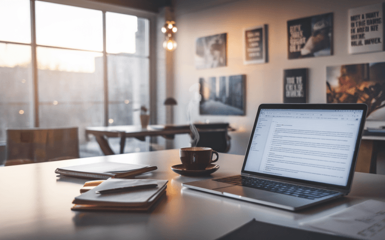 Espace de travail créatif avec ordinateur portable pour rédaction de contenu, entouré de café, carnets colorés et lumière naturelle inspirante.