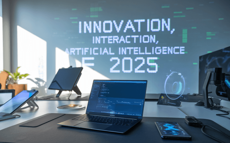 Bureau moderne et épuré axé sur l'évolution de la rédaction de contenu, avec ordinateur portable, tablette graphique, smartphone holographique, et mots-clés futuristes projetés.