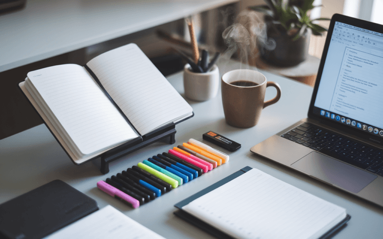 Vue aérienne d'un bureau moderne avec carnet ouvert et stylos pour la rédaction de contenu, entouré de café et ordinateur portable affichant erreurs typographiques.