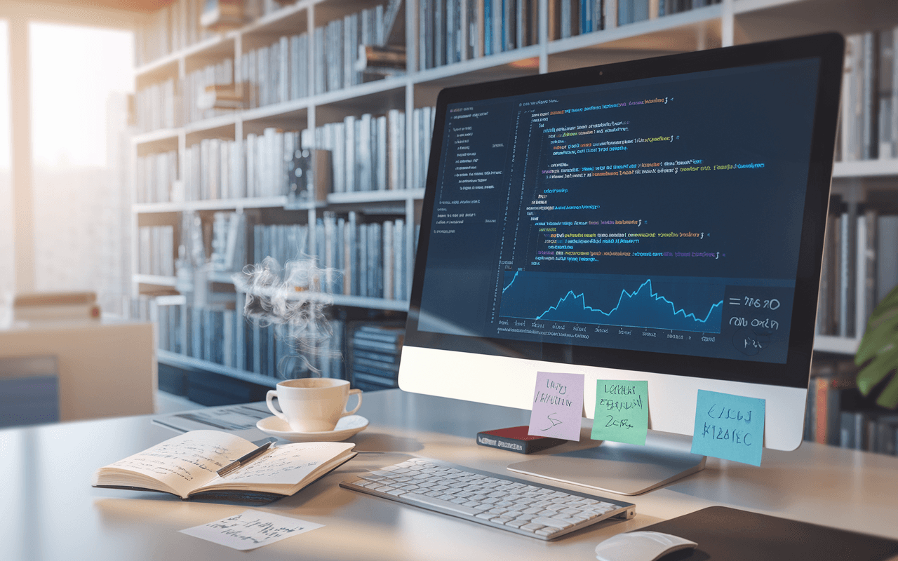 Image numérique réaliste d'un bureau moderne avec écran d’ordinateur, code et graphiques SEO; carnet de notes ouvert, café fumant; arrière-plan flou avec livres sur marketing digital et rédaction de contenu.