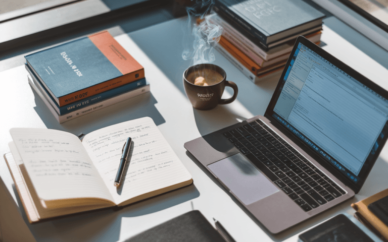 Vue aérienne d'un bureau moderne avec ordinateur portable sur une page de rédaction de contenu, carnet ouvert, stylo, livres sur l'écriture et tasse de café fumante.