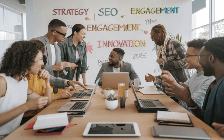 Groupe diversifié autour d'une table moderne en discussion sur la rédaction de contenu, avec ordinateurs portables et tableau blanc affichant