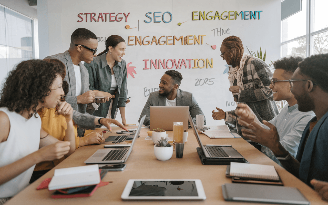 Groupe diversifié autour d'une table moderne en discussion sur la rédaction de contenu, avec ordinateurs portables et tableau blanc affichant