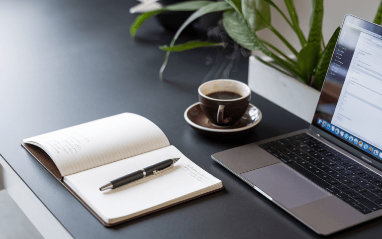 Image d'un bureau moderne avec ordinateur portable affichant des textes de rédaction de contenu, carnet ouvert avec notes manuscrites et stylo, tasse de café fumante, et plante verte en arrière-plan épuré.