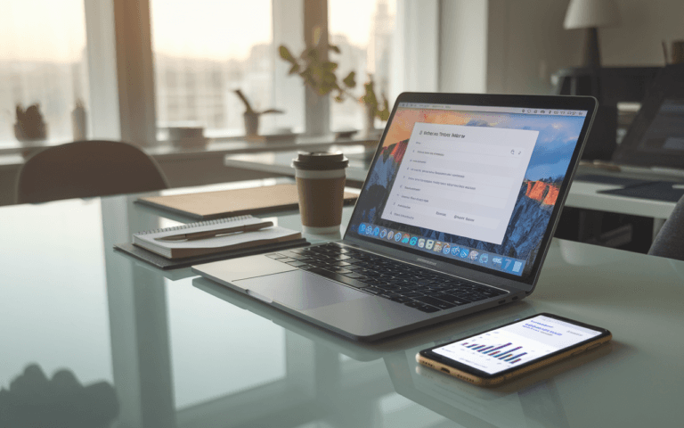 Bureau moderne avec ordinateur portable affichant résultats de recherche SEO, accessoires de travail, smartphone avec graphiques, symbolisant succès rédaction web SEO.