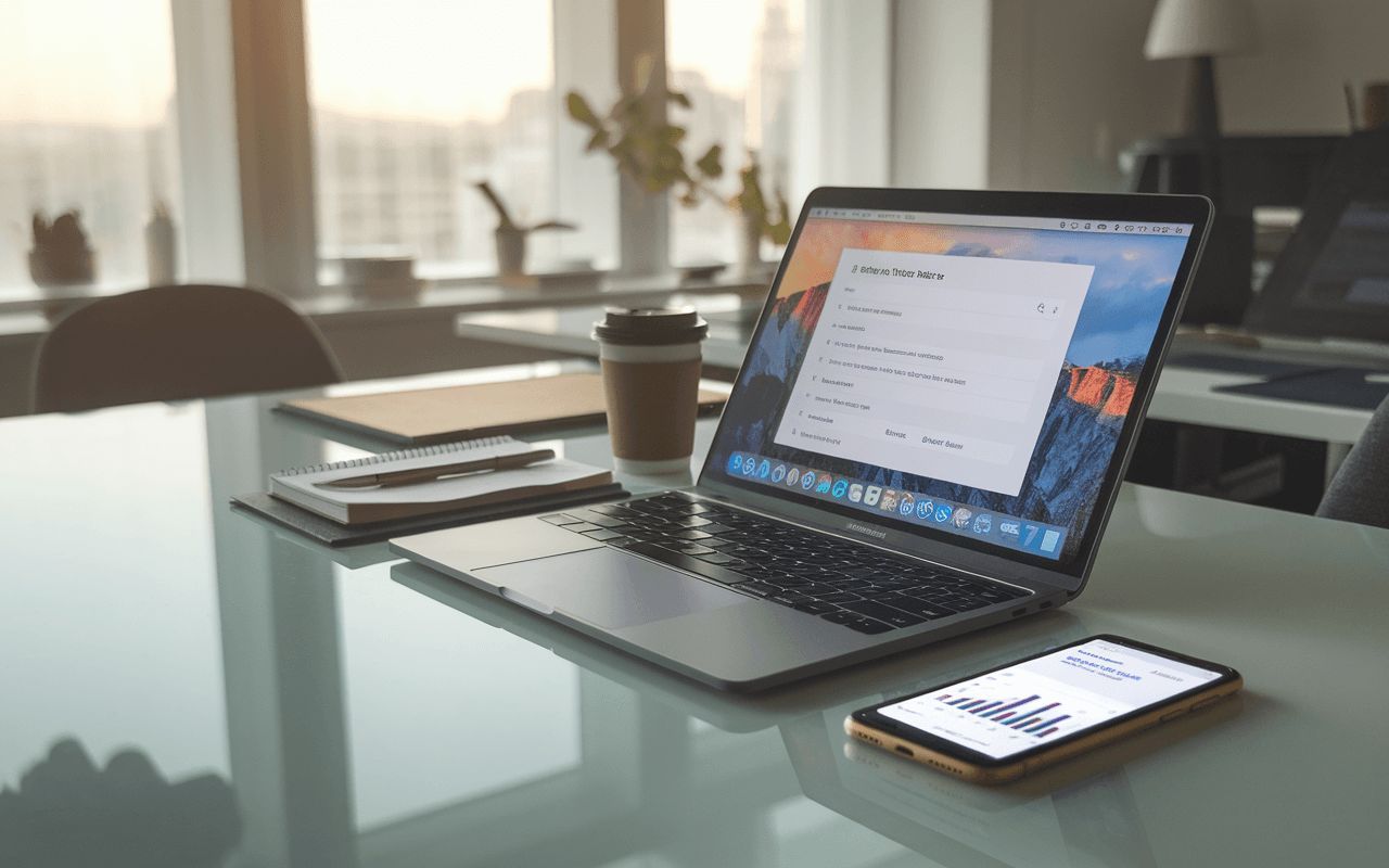 Bureau moderne avec ordinateur portable affichant résultats de recherche SEO, accessoires de travail, smartphone avec graphiques, symbolisant succès rédaction web SEO.