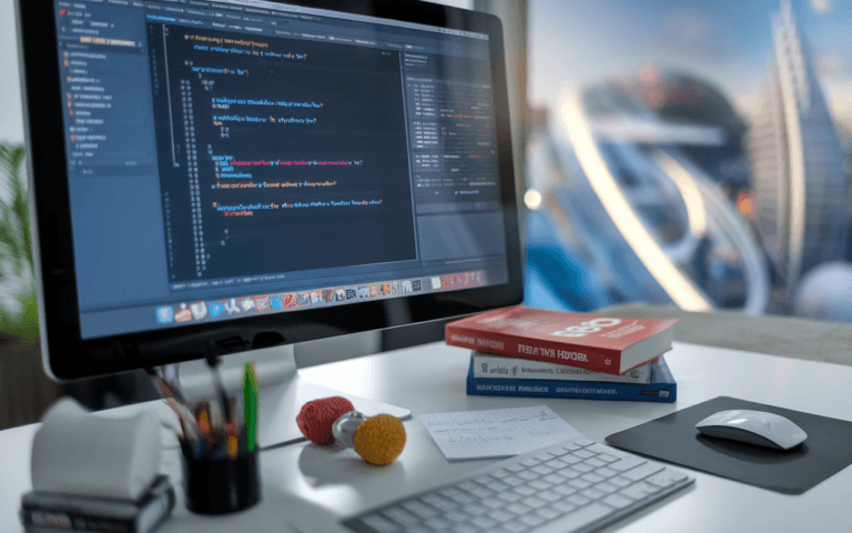 Écran d'ordinateur moderne affichant du code HTML pour rédaction web seo, entouré de livres SEO et notes, sur un bureau épuré avec vue futuriste, ambiance de travail innovante.