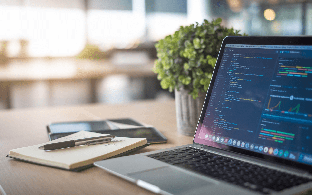 Bureau moderne avec ordinateur affichant une interface de rédaction web SEO, code et graphiques, carnet de notes, stylo, plante verte en arrière-plan.