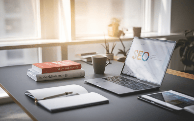 Bureau moderne avec ordinateur portable affichant un graphique SEO, livres sur le marketing digital et tasse de café, symbolisant l'innovation en rédaction web SEO.