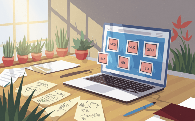 Bureau moderne avec ordinateur portable affichant une page web sur le SEO. Onglets visibles entourés de mots-clés liés à la rédaction web SEO. Notes et croquis d'idées de référencement à côté, éclairées par la lumière naturelle avec plantes symbolisant la croissance SEO.