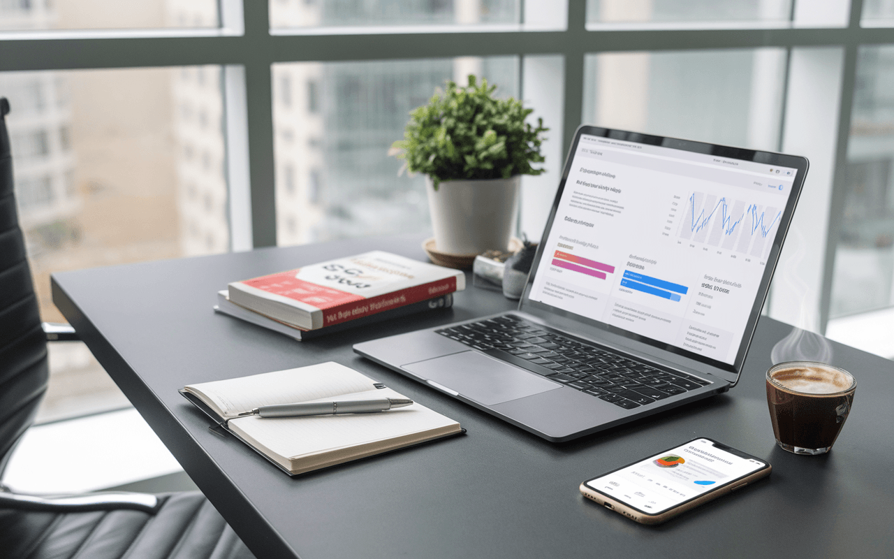 Bureau moderne en 2025 avec lumière naturelle, ordinateur portable ouvert sur une page de rédaction web seo, mots-clés surlignés et graphiques de données, carnet et livre SEO, smartphone avec appli d'optimisation, et tasse de café fumant.