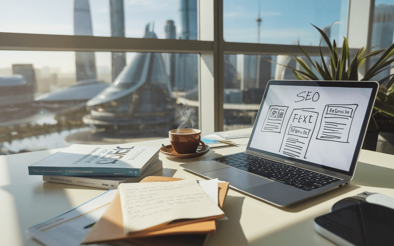 Bureau moderne avec ordinateur portable ouvert sur rédaction web seo, entouré de notes manuscrites, livres de SEO, et tasse de café, vue citadine futuriste 2025 par la fenêtre.