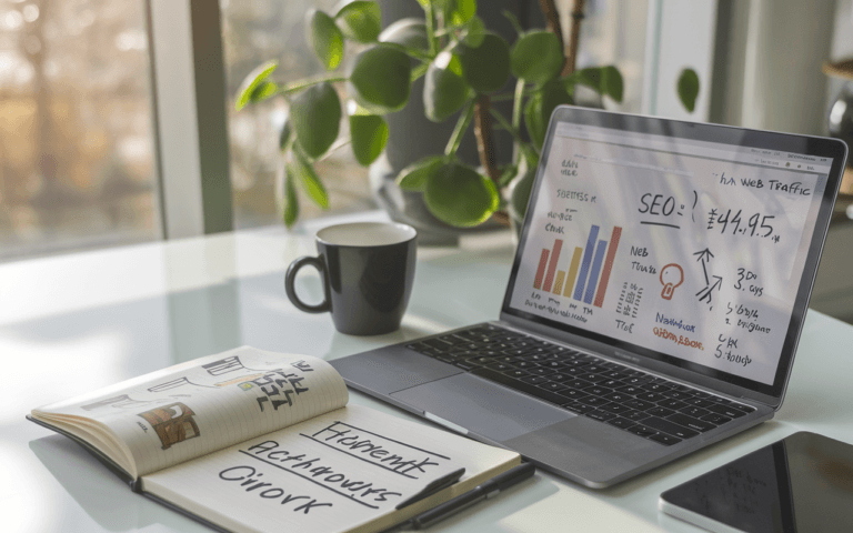 Bureau moderne avec ordinateur portable montrant des statistiques de croissance, carnet avec croquis SEO, et mug de café, symbolisant l'efficacité de la rédaction web SEO.