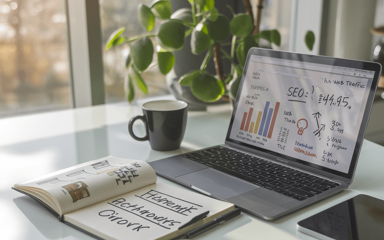 Bureau moderne avec ordinateur portable montrant des statistiques de croissance, carnet avec croquis SEO, et mug de café, symbolisant l'efficacité de la rédaction web SEO.