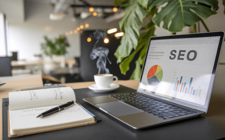 Bureau moderne avec ordinateur affichant graphiques SEO, carnet de notes pour idées en rédaction web seo, plante verte et café créant une ambiance studieuse.