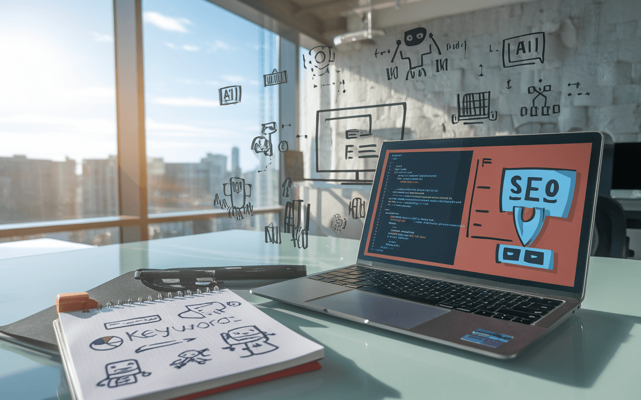 Bureau moderne avec ordinateur affichant code HTML et graphique SEO, carnet avec mots-clés et croquis, icônes d'IA et web, lumière naturelle, ambiance futuriste; rédaction web seo.