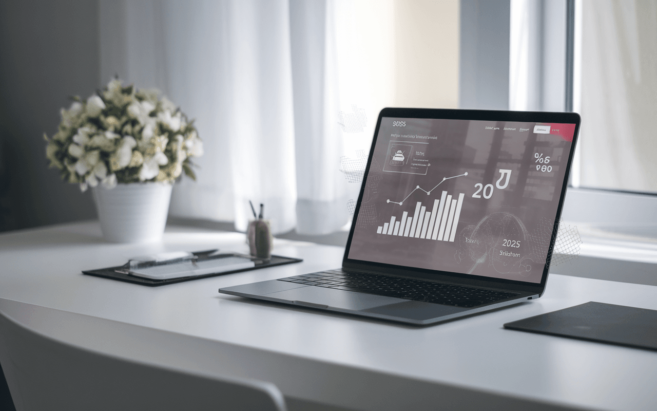Bureau de travail moderne avec ordinateur portable affichant création de site web, graphiques de croissance économique flottant, symbolisant l'innovation. Ambiance professionnelle et inspirante liée au guide complet d'un site vitrine en 2025. Focus sur site vitrine prix.
