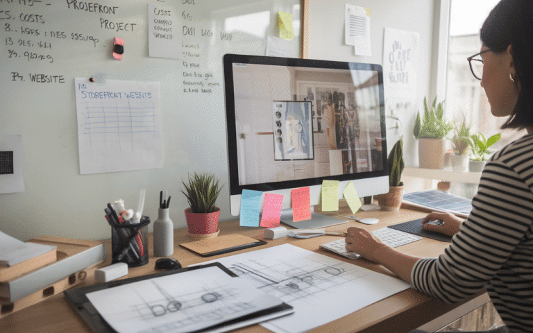 Graphiste créant un site vitrine, estimant le prix, entouré de croquis de design et outils de travail dans un bureau moderne.
