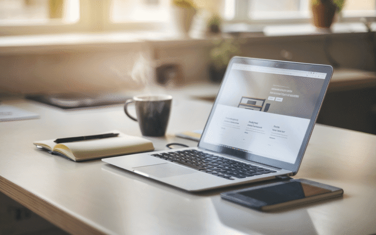 Bureau moderne avec ordinateur portable affichant une conception web minimaliste, café et carnet à côté, illustrant l'efficacité pour un site vitrine prix.