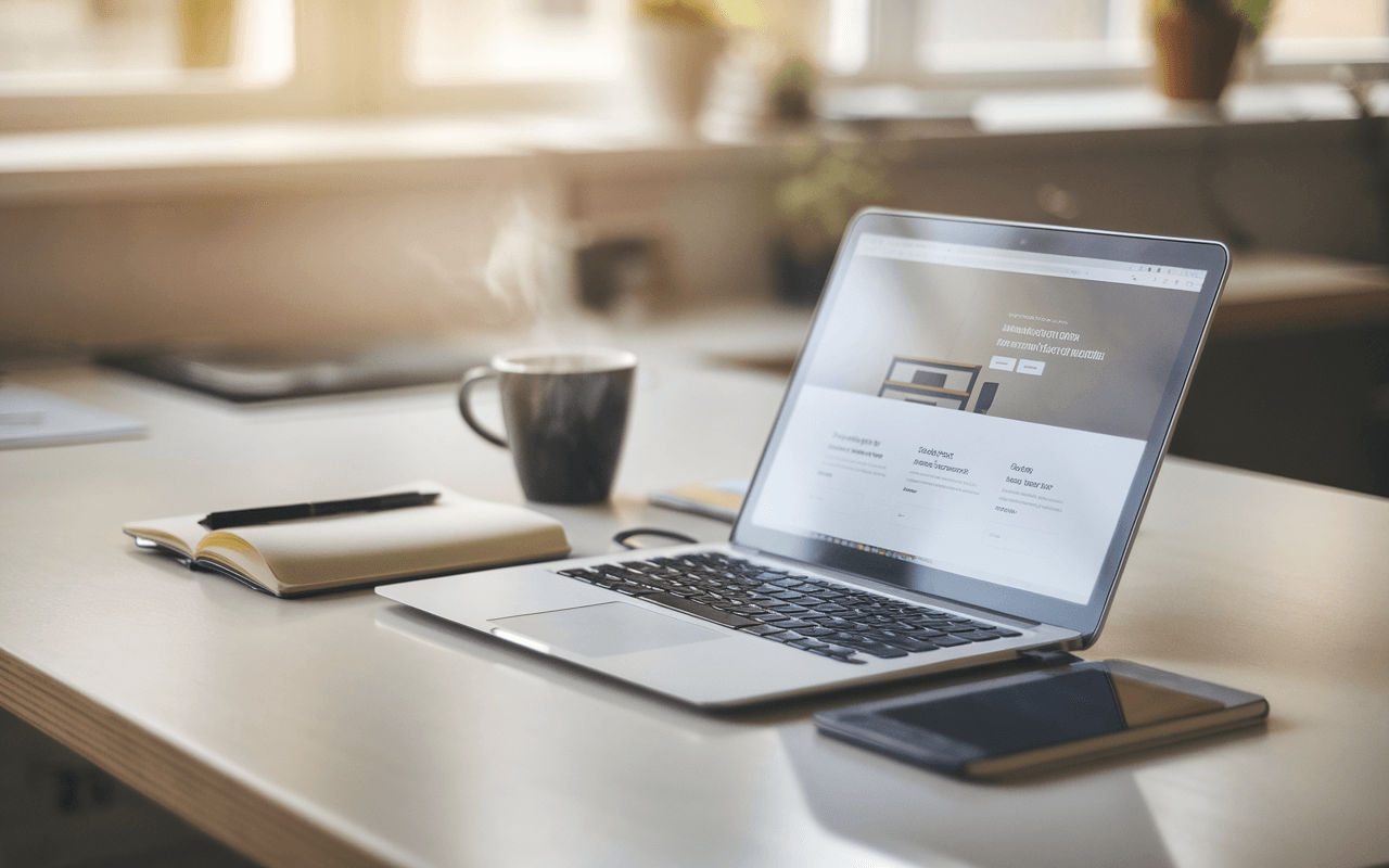 Bureau moderne avec ordinateur portable affichant une conception web minimaliste, café et carnet à côté, illustrant l'efficacité pour un site vitrine prix.