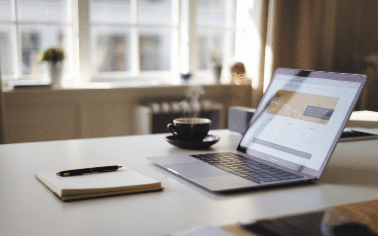 Bureau minimaliste avec ordinateur affichant une interface web, symbolisant site vitrine prix équilibré, accompagné d'une tasse de café et carnet.