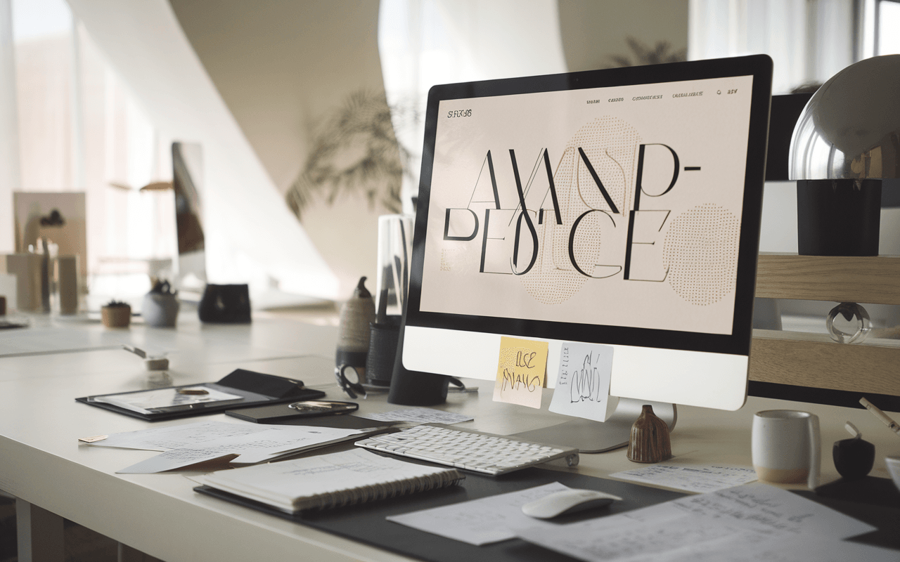 Bureau moderne avec ordinateur montrant un site vitrine prix innovant, entouré de croquis design et accessoires élégants, éclairé par une lumière naturelle.