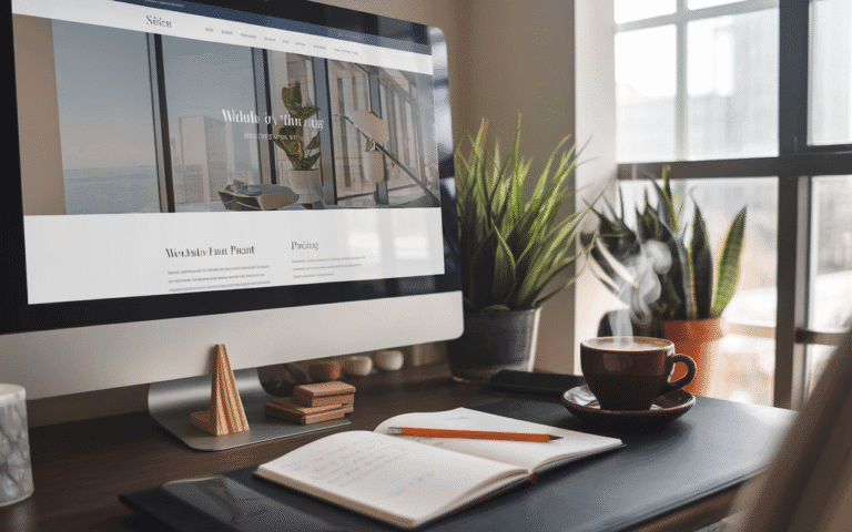 Écran d'ordinateur affichant un site web professionnel sur un bureau avec carnet de notes et café, illustrant la planification stratégique et la réflexion sur le site vitrine prix pour 2025.