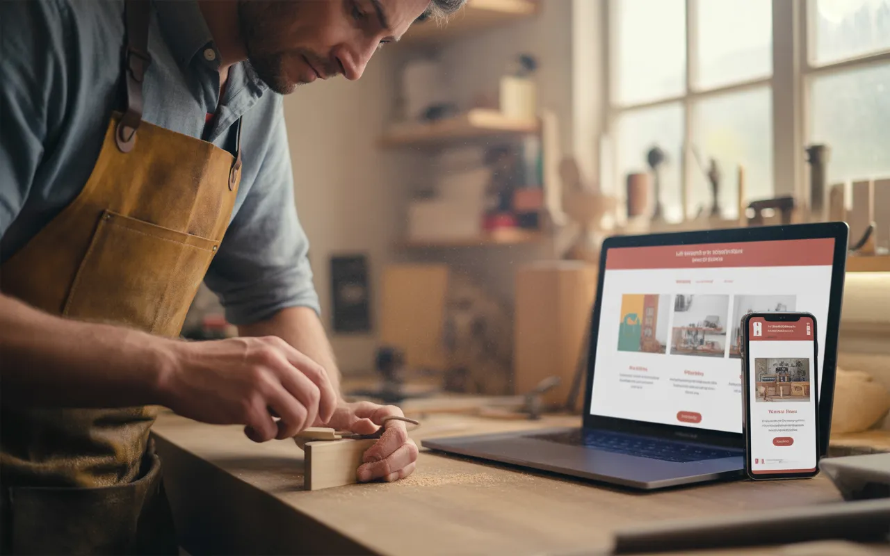 Pourquoi un artisan doit avoir un site web en 2025: artisan au tablier dans son atelier lumineux, mi-buste, regard vers l’écran d’un laptop montrant une maquette de site, smartphone à côté.