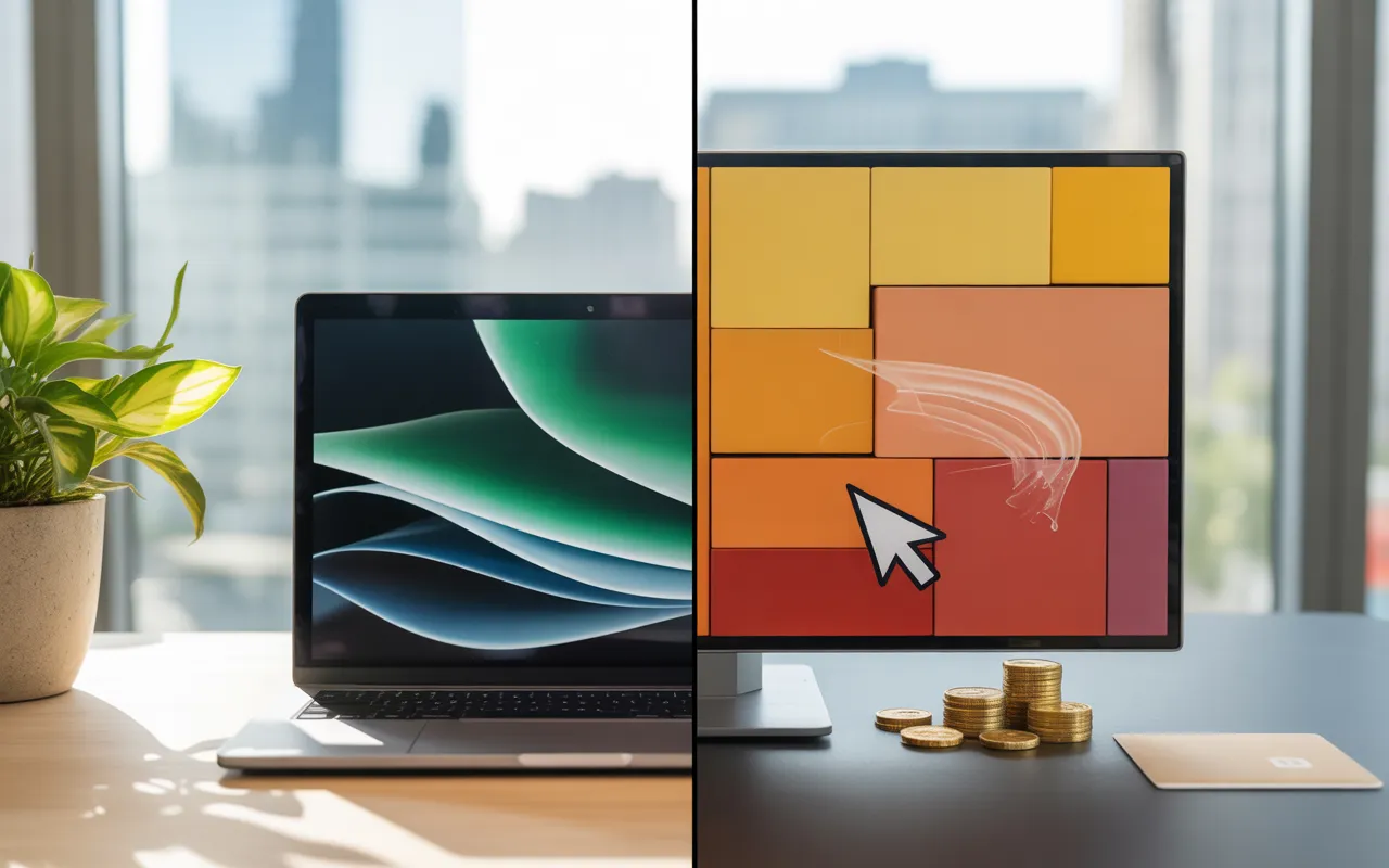 SEO vs SEA quelle stratégie choisir: bureau moderne minimaliste scindé par une vitre, côté SEO laptop avec courbes ascendantes vertes et bleues et plante, côté SEA moniteur avec blocs publicitaires, effet de clic, pièces dorées et carte bancaire.