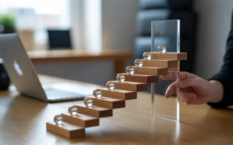 Vignette photo-réaliste illustrant Comment convertir un visiteur en prospect en 7 étapes: sept blocs de bois en escalier avec billes en verre menant à un porte-cartes acrylique, main plaçant une bille, bureau moderne, ordinateur portable flou à gauche.