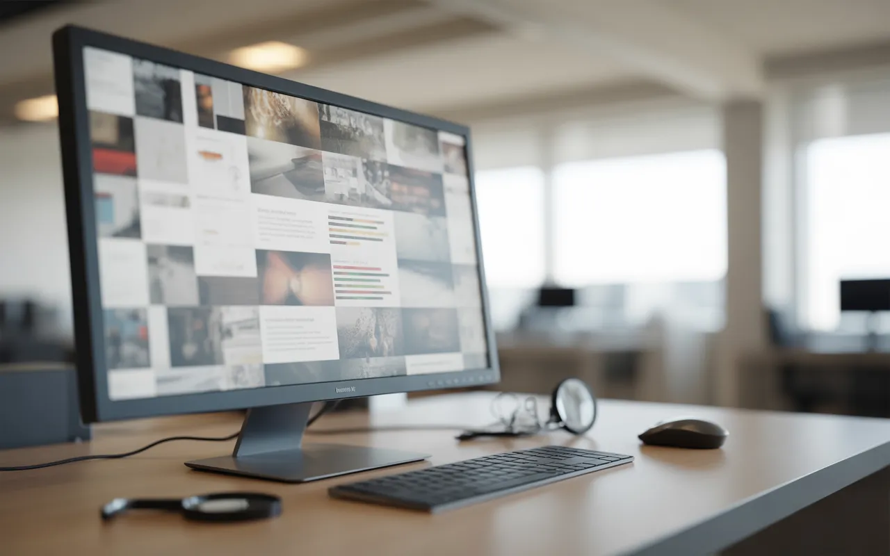 Scène de bureau moderne photo-réaliste: écran 16:9 affichant une mosaïque de pages web floutées avec barres d’évaluation colorées, loupe, clavier et souris au premier plan; visuel d’analyse de moteur de recherche — Comment Google évalue la qualité d’un contenu (2025).