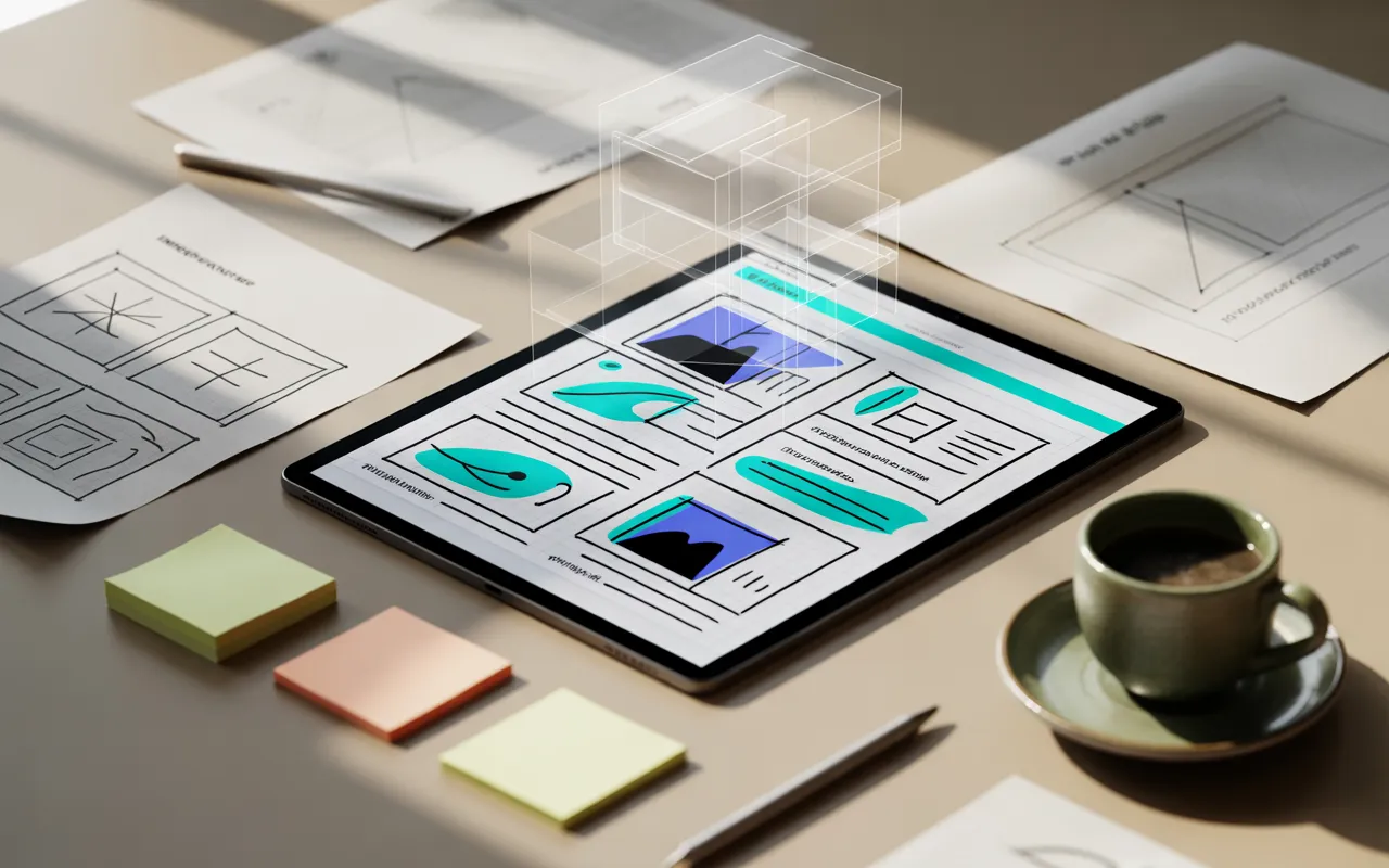 Bureau moderne 2025: tablette avec wireframe d’article, ordinateur portable sans logo, schémas sur papier; visuel sans texte illustrant Quelle structure adopter pour un article optimisé (SEO).