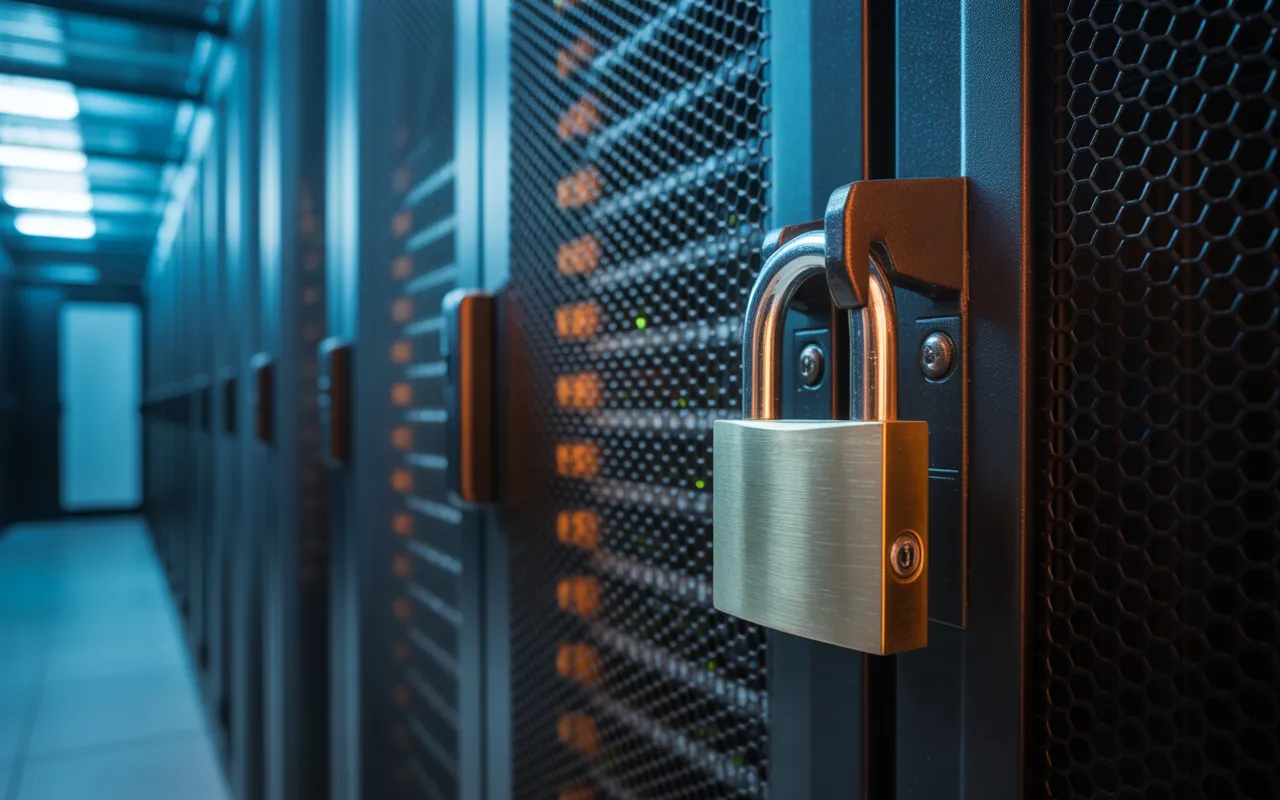 Pourquoi héberger son site chez un prestataire fiable : serrure métallique verrouillée sur la porte grillagée d’un rack serveur, LED bleutées, câblage ordonné, allée de data center moderne.