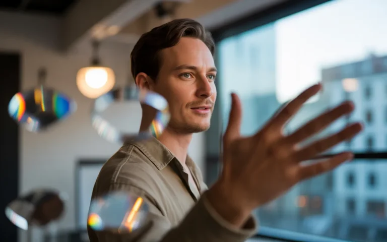Le storytelling comment parler de son activité autrement — portrait photo-réaliste d’une personne créative, mi-buste, mains expressives, regard confiant, sujet décentré à droite avec espace négatif, yeux nets, bokeh doux, reflets de prismes, studio urbain au crépuscule.