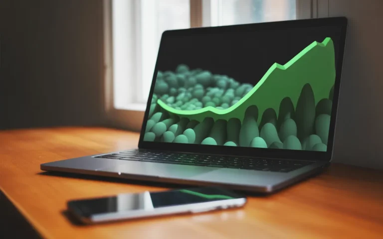 Comment attirer plus de visiteurs sur son site web : ordinateur portable moderne, tableau de bord analytique sans texte avec courbe verte ascendante, flux d’icônes de visiteurs vers l’écran, smartphone au premier plan, bureau minimaliste lumineux, arrière-plan urbain flou.