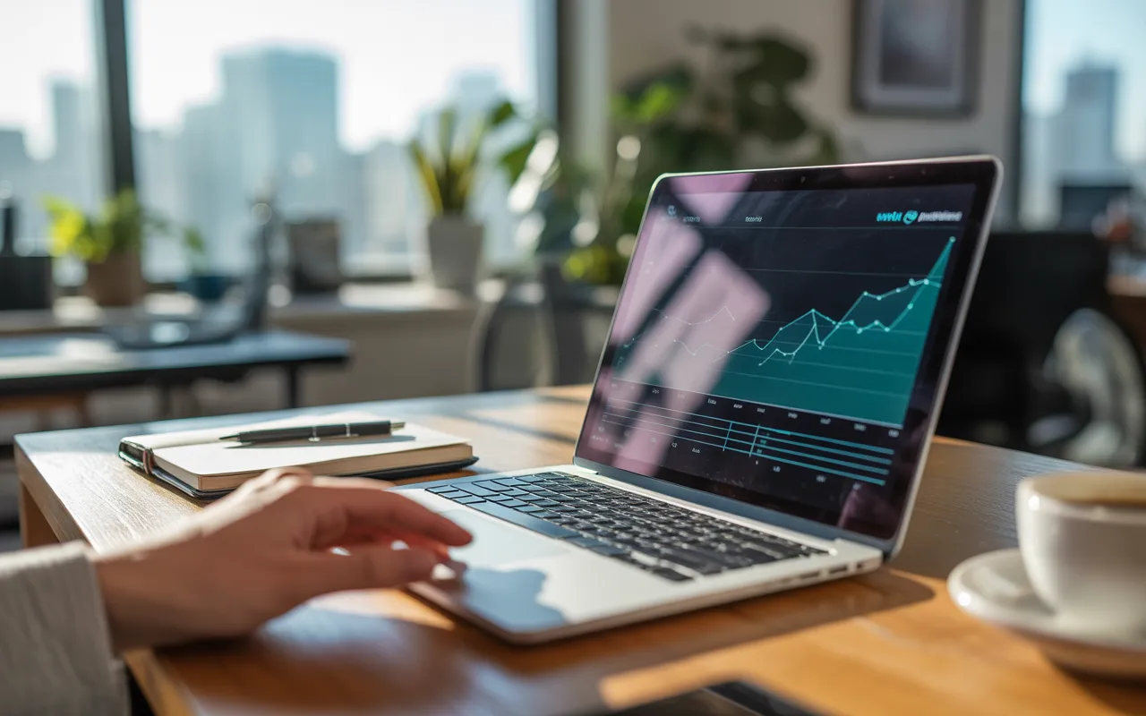 Comment utiliser Google Analytics pour comprendre ses visiteurs: ordinateur portable affichant un tableau de bord d’analytique web, main sur trackpad, café et carnet sur un bureau moderne.