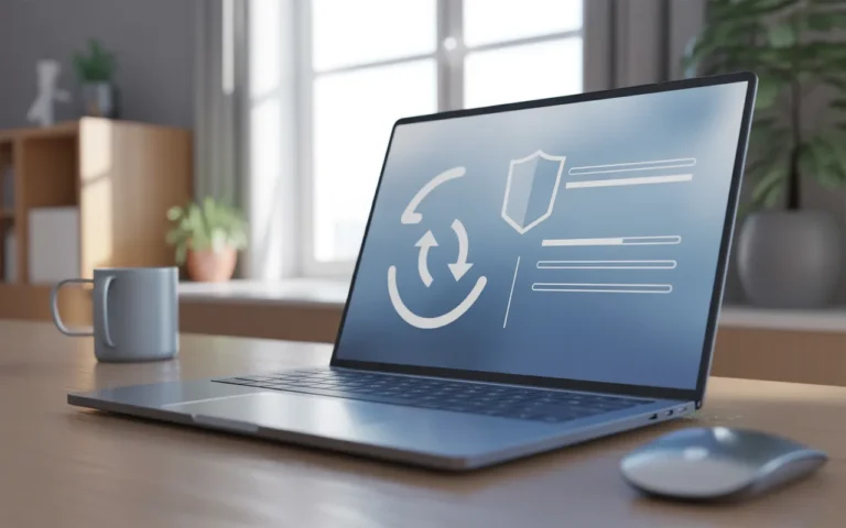 L’importance des mises à jour WordPress en 2025: ordinateur portable moderne sur bureau en bois clair, écran avec icônes de mise à jour sécurisée (flèches circulaires, bouclier, cadenas), lueur bleutée, arrière-plan minimaliste en bokeh.